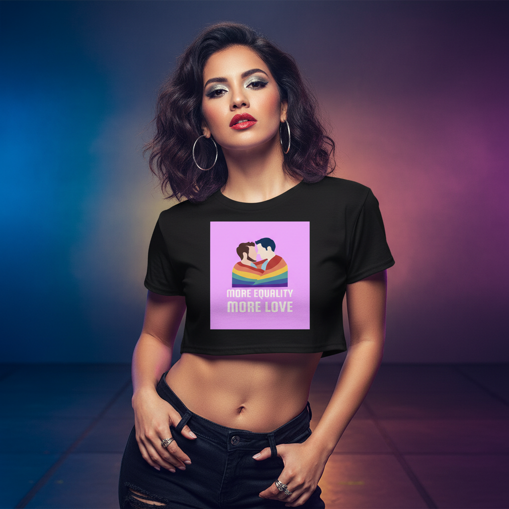 LGBT Couple Crop Top with graphic of two people hugging, rainbow hearts, and “More Equality More Love,” styled with hoops and waves.
