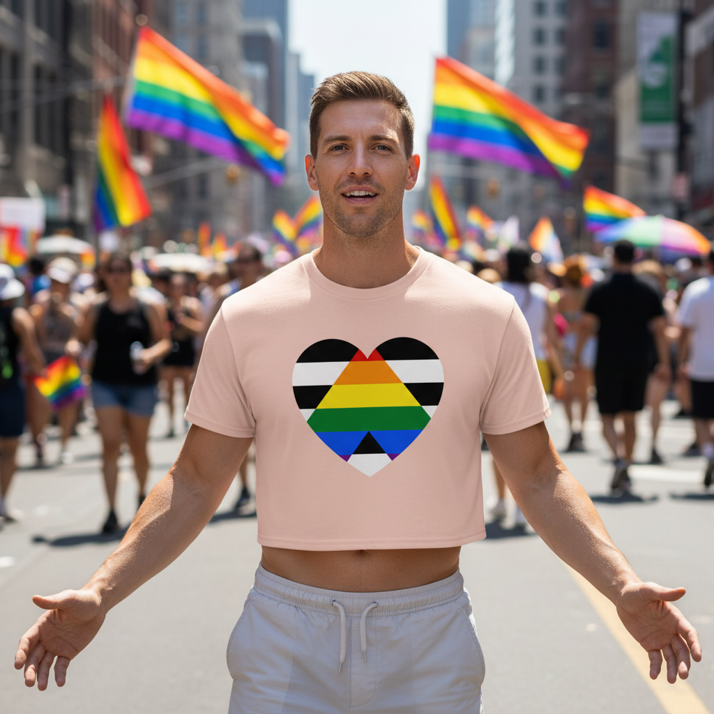 A man wears the Lgbtq Ally Crop Top, showcasing the Progress Pride heart graphic amidst a vibrant Pride parade, embodying empowerment, inclusivity, and joyful queer self-expression.
