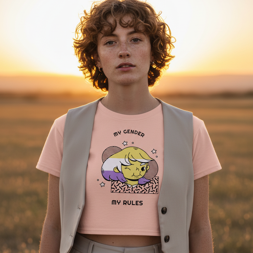 A young person in a field at sunset wears the My Gender My Rules Crop Top, featuring a nonbinary pride graphic and empowering text. The look celebrates queer visibility and self-expression.