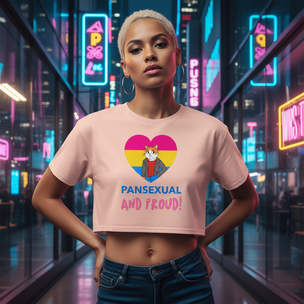 Pansexual & Proud Crop Top with a cartoon cat, pan flag heart, and “Pansexual and Proud!” slogan; queer style in neon city.