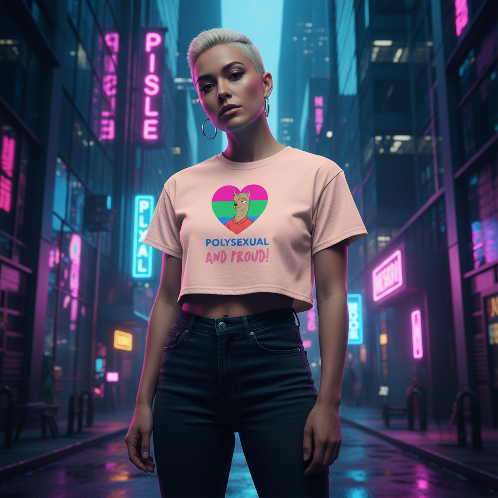Polysexual and Proud crop top with a flag-colored heart and "Polysexual and Proud!" text, worn by a blond person on neon city street.
