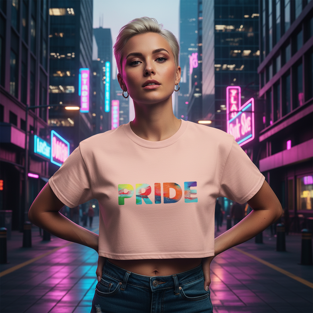 Pride crop top in light pink worn by a confident, short-blonde-haired person on a neon-lit city street at night; queer fashion energy.