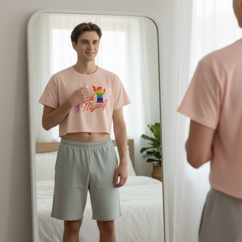 Young man in a mirror wears the Proud Of Myself Crop Top, featuring a rainbow bear graphic and empowering slogan, embodying queer confidence and self-expression in a relaxed, inclusive style.