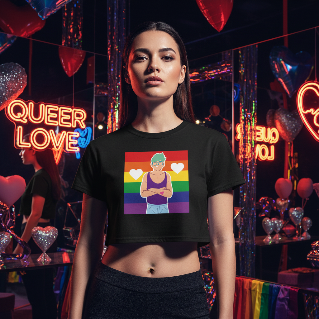 Queer Love Crop Top with rainbow flag and blue-haired cartoon person, worn by a woman in neon room with “QUEER LOVE” signs and balloons.