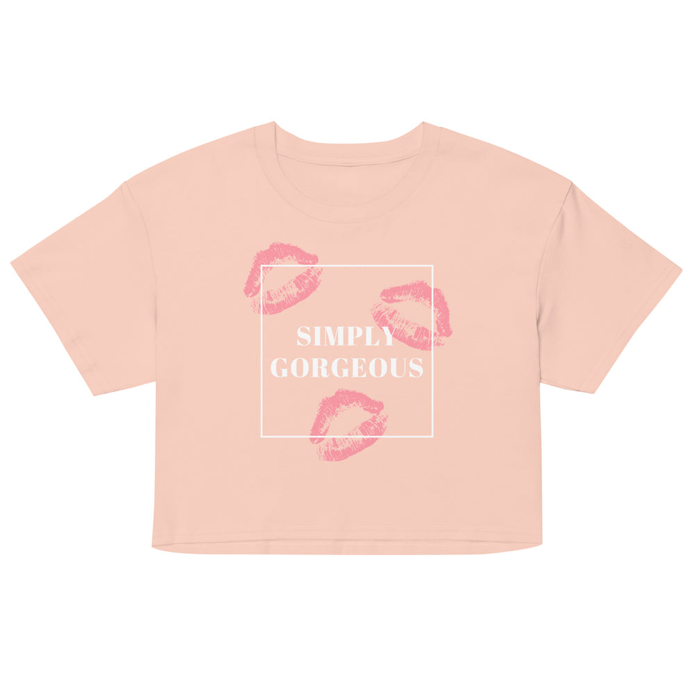 Front-facing peach crop top with pink lips and “SIMPLY GORGEOUS” graphic