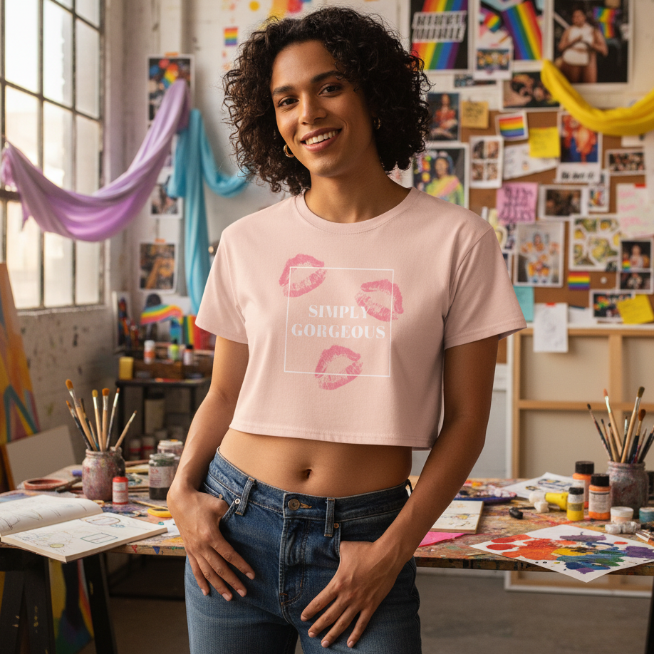 Young person with curly hair smiles in an art studio, wearing the Simply Gorgeous Crop Top, a pink, empowering T-shirt celebrating queer self-expression, featuring lipstick-kiss prints and bold text.
