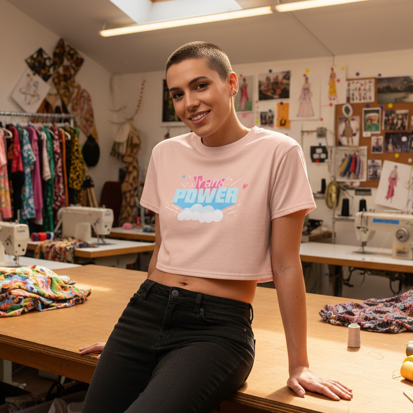 A person smiles while wearing the Stand Proud Trans Power Crop Top, featuring Trans POWER text. The design celebrates self-expression in a sewing studio, showcasing queer pride with relaxed, empowering style.