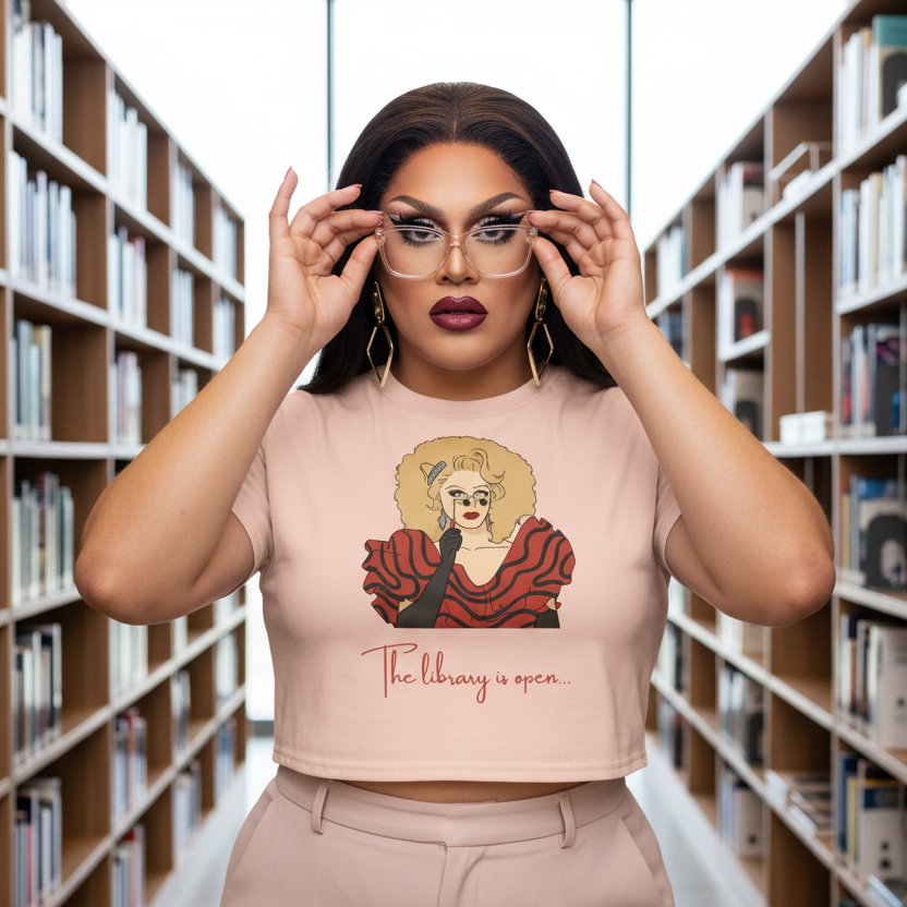 Model adjusts glasses in a library wearing a pink crop top with a blonde illustration and “The library is open...” text