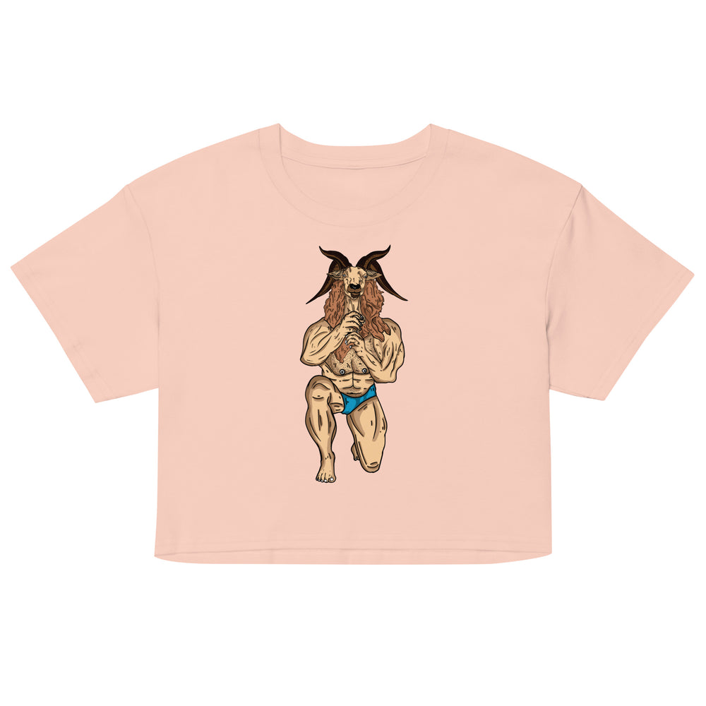 Front view of a pale pink crop top with a centered goat-person illustration in blue briefs