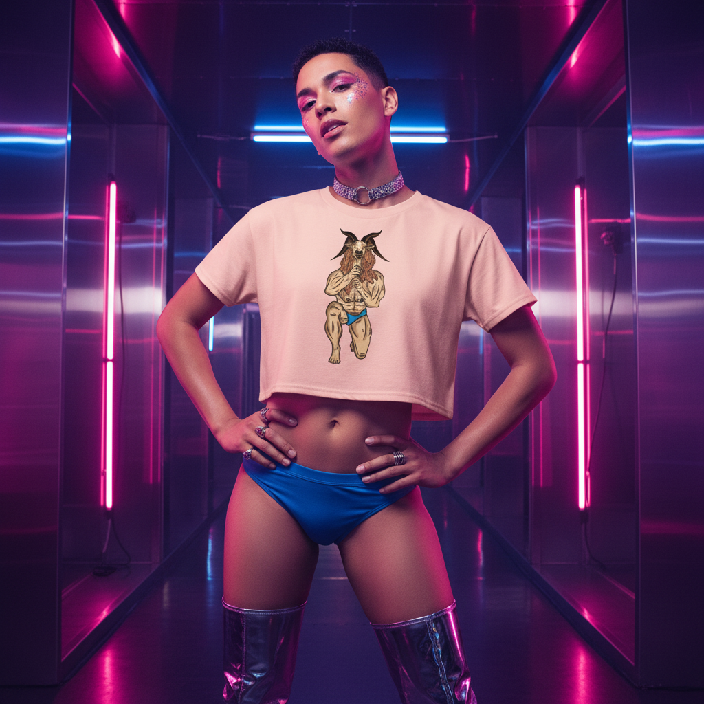 Throat Goat Crop Top, blue briefs, silver knee boots, sparkly choker; queer style pops in neon pink and purple hallway glow.