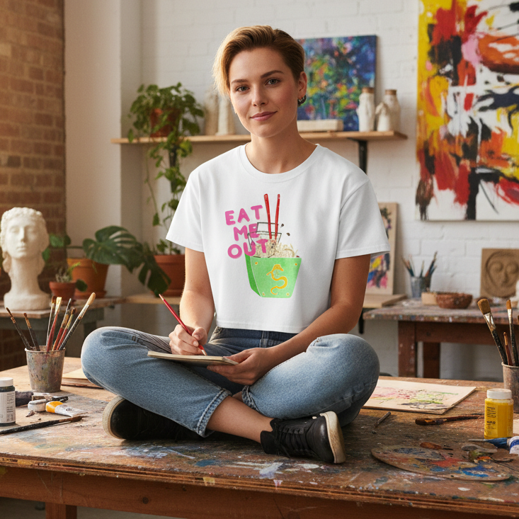 Person seated cross-legged in an art studio wearing a white crop top with “EAT ME OUT” and a noodle cup graphic