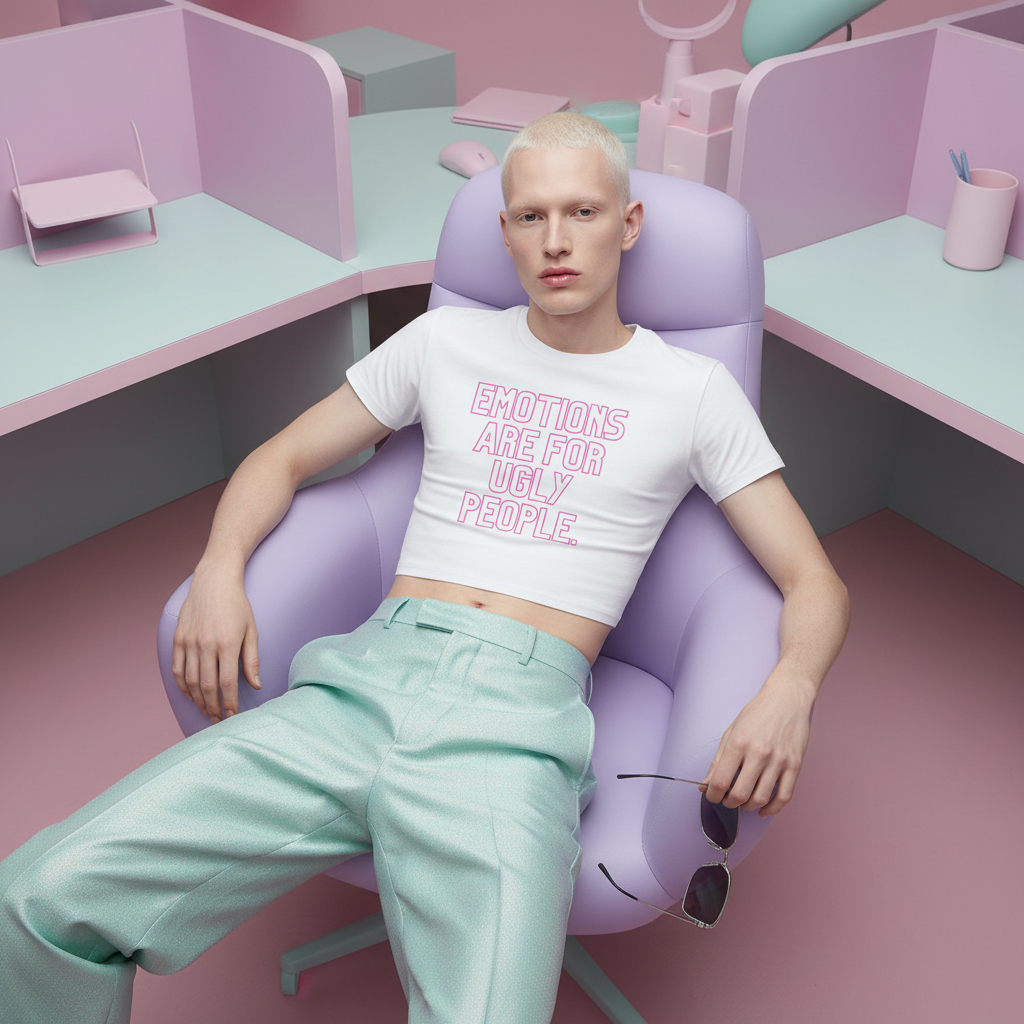 Model reclining in a lavender chair wearing a white crop top reading “EMOTIONS ARE FOR UGLY PEOPLE.”