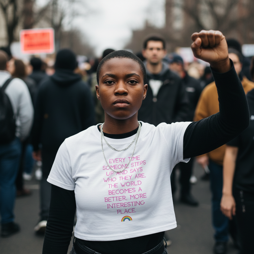 Person raising a fist at a protest in a white crop top with pink text and a rainbow