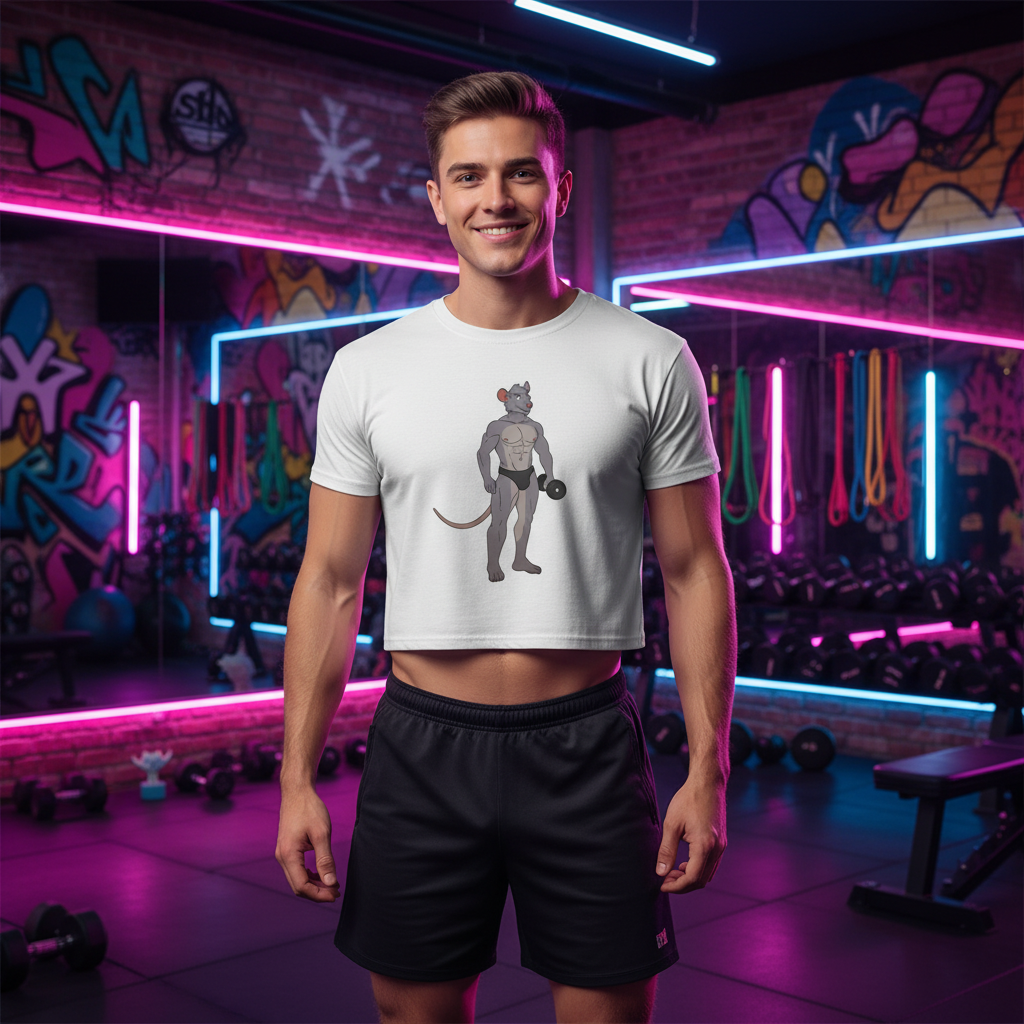 White "Gay Gym Rat" crop top featuring a cartoon mouse with dumbbell, black shorts; neon gym, graffiti, weights, mirrors behind.