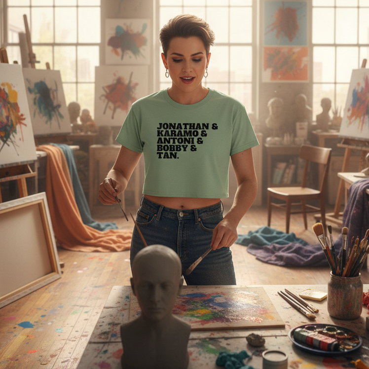 Mint-green crop top with “Jonathan & Karamo & Antoni & Bobby & Tan” worn by a woman painting in a sunny, art-filled studio.