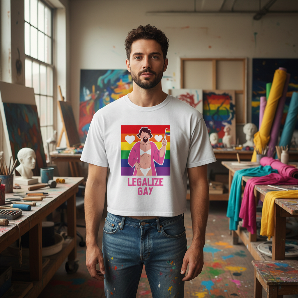 Legalize Gay crop top with rainbow print worn by a dark-haired bearded man holding a pride flag in a colorful art studio.