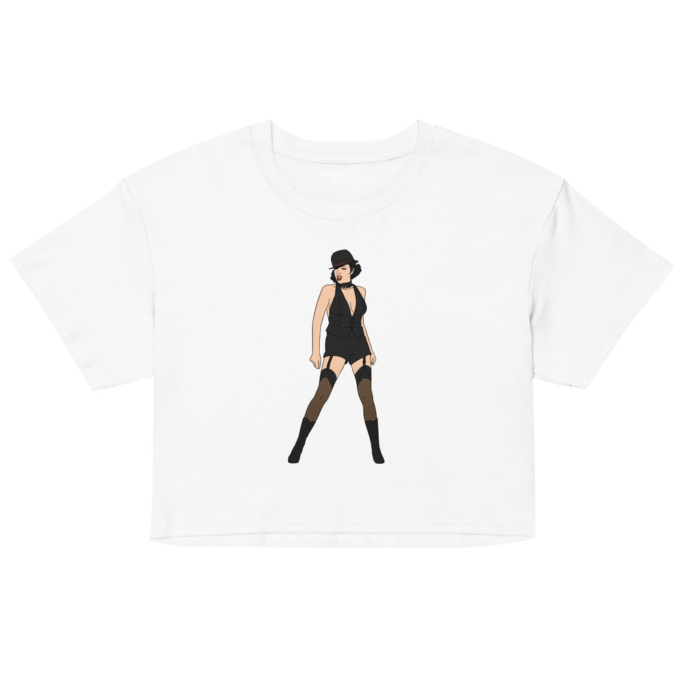 White cropped T-shirt with a central illustration of a woman in a black cabaret outfit