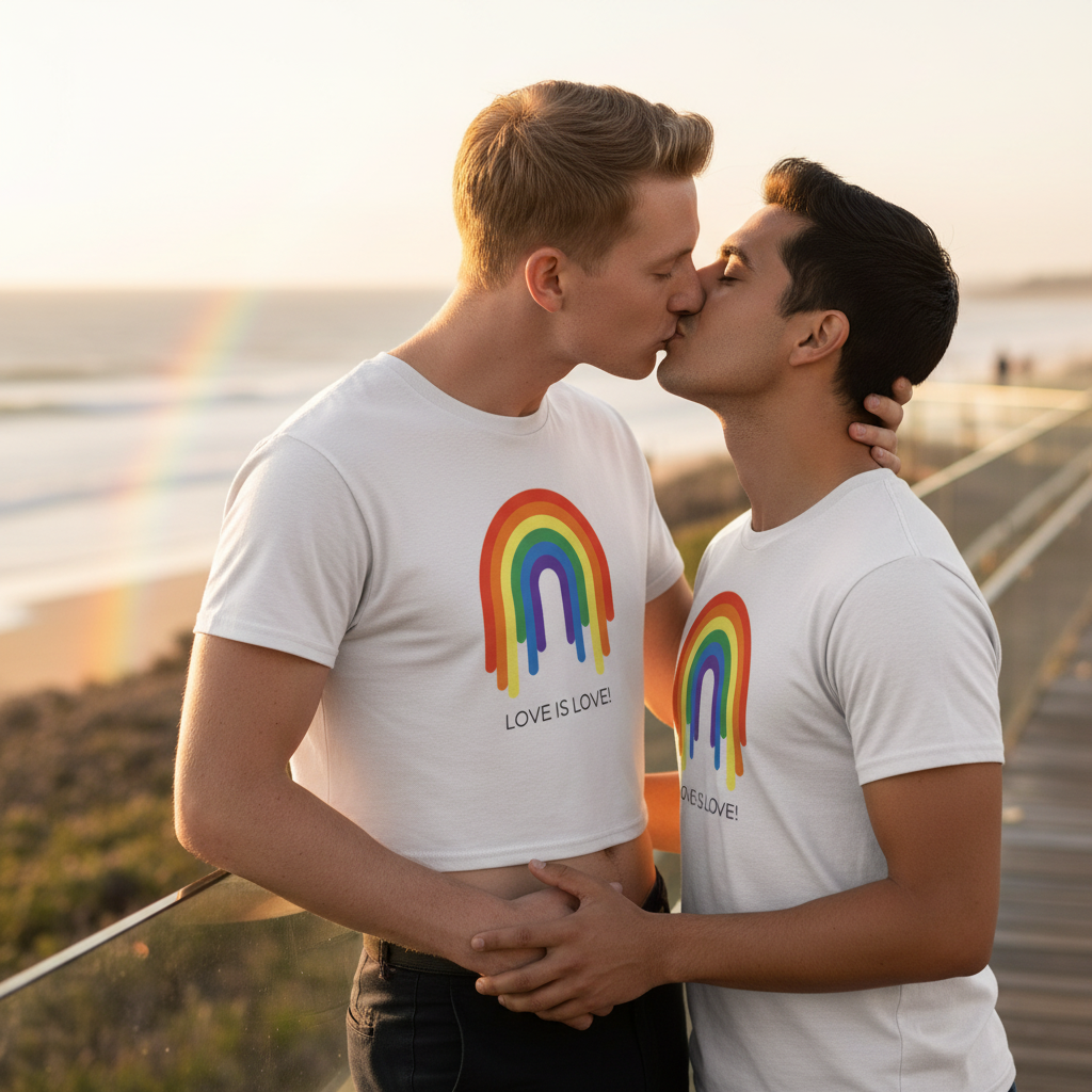 Two men kiss on a seaside boardwalk at sunset, both wearing Love Is Love Rainbow Crop Top, celebrating queer pride with bold rainbow graphics and empowering, relaxed silhouettes.