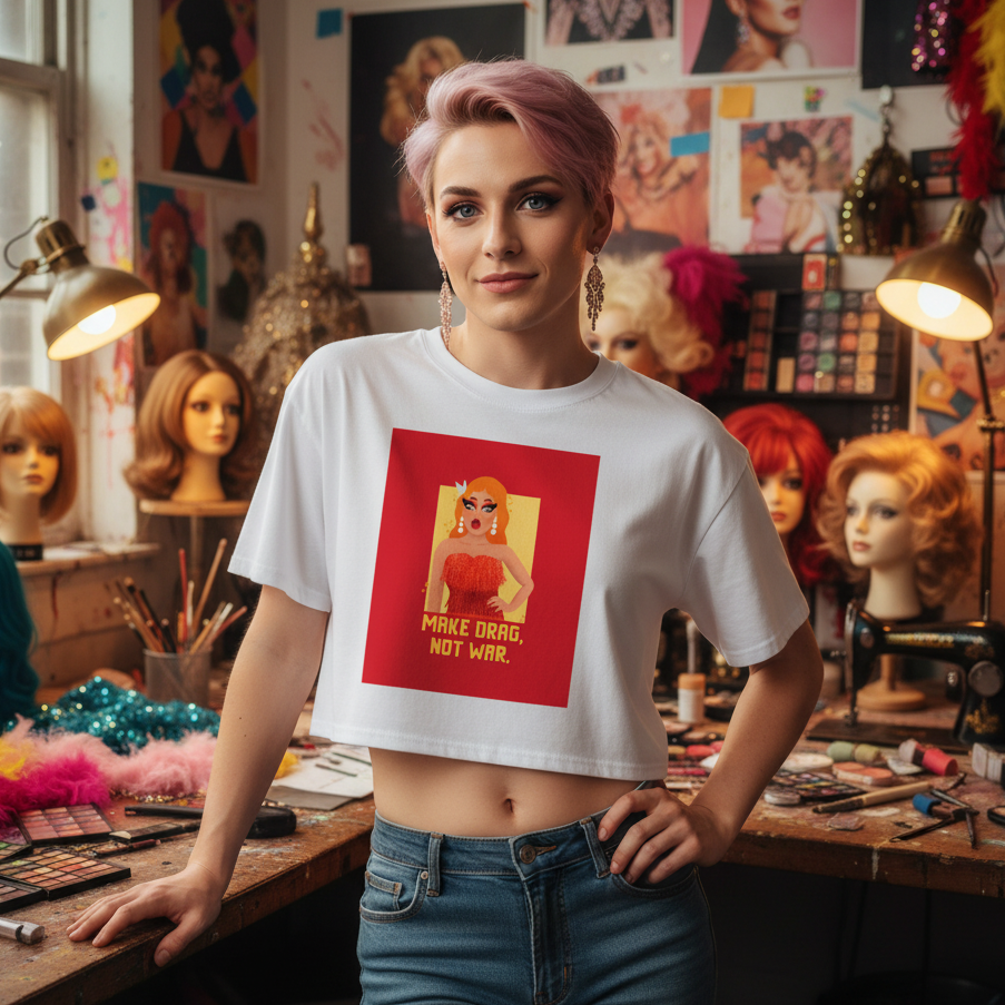 Person in a vibrant workshop wears the Make Drag Not War Crop Top with a drag-queen illustration, surrounded by wig mannequins, makeup, and fabrics, embodying queer pride and self-expression.