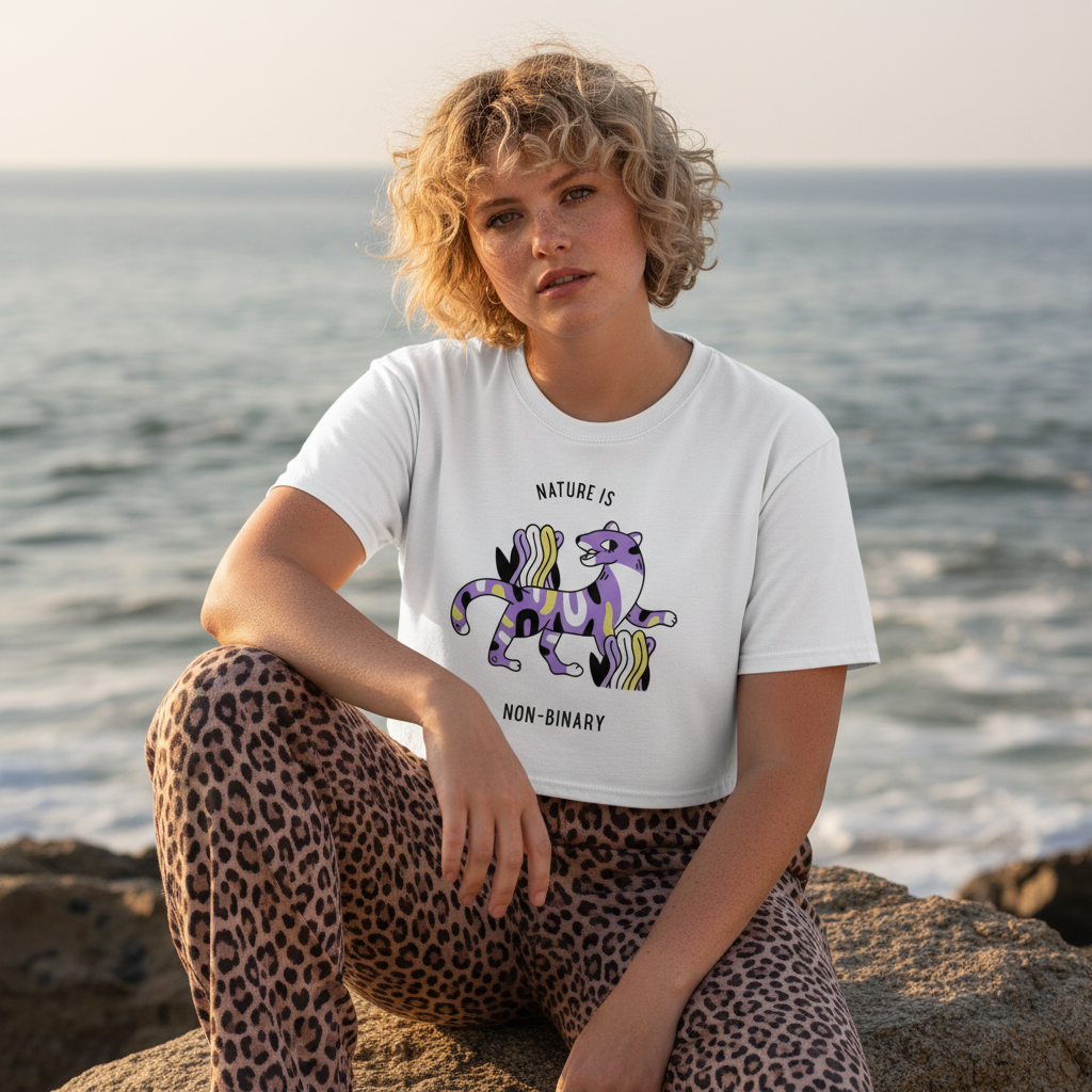 Person on rocky shoreline in leopard-print pants wears the Nature Is Non-Binary Crop Top, featuring a purple creature and slogan. Celebrates queer identity, pride, and self-expression with inclusive, empowering style.