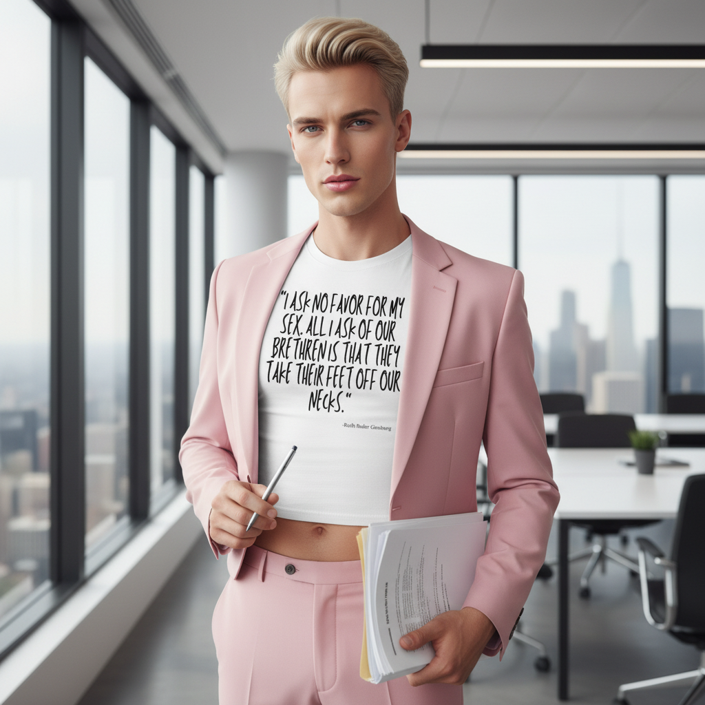 Young person in pink suit confidently wears the No Favor For My Sex Crop Top, showcasing a bold Ruth Bader Ginsburg quote, celebrating queer confidence and self-expression in a modern office setting.