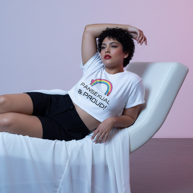 A person reclines on a chaise lounge, showcasing the Pansexual & Proud Crop Top featuring a colorful rainbow design. The relaxed fit and cropped length celebrate body positivity and queer confidence.