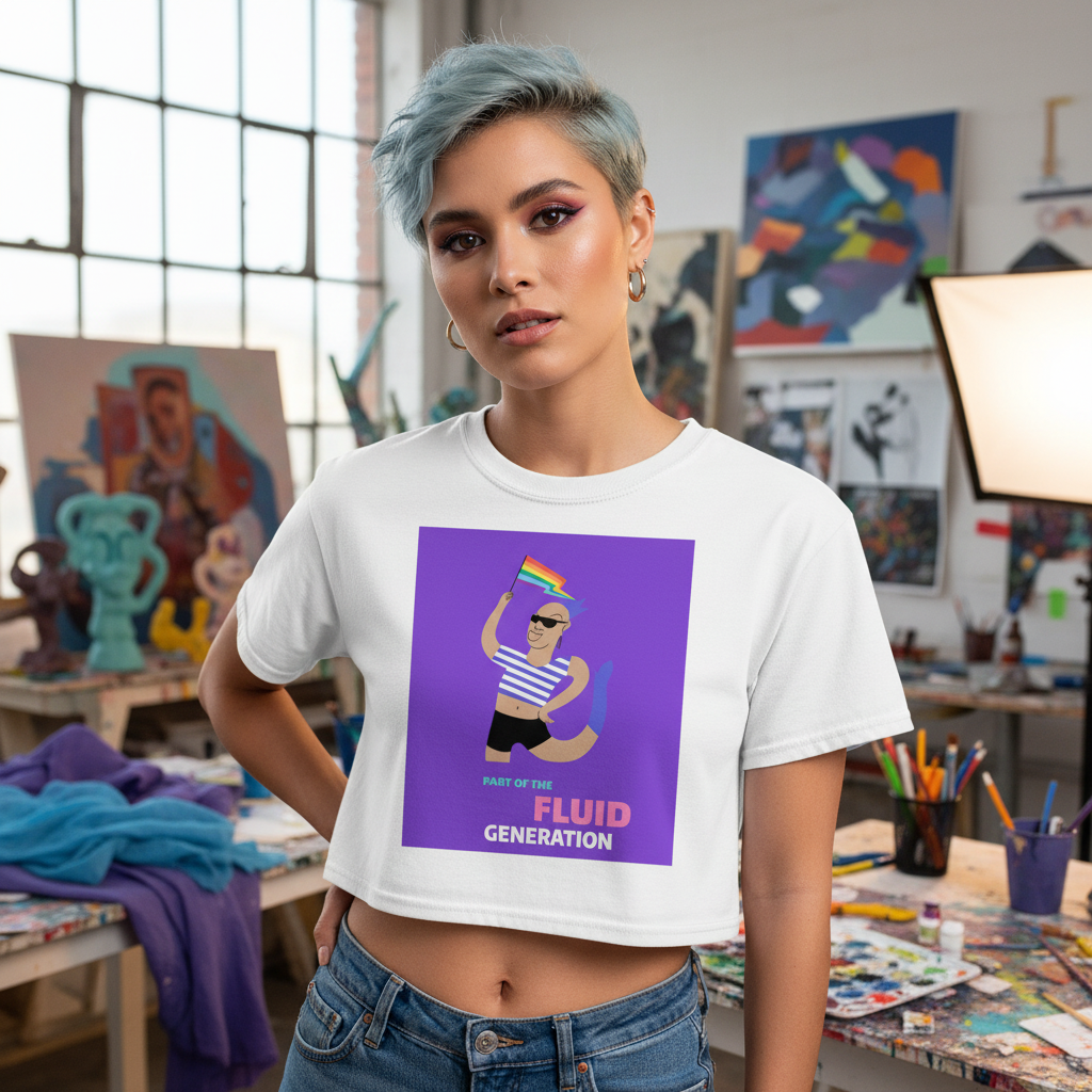 Part Of The Fluid Generation Crop Top in relaxed ultra soft cotton, worn by a person with light blue hair in a queer art studio.