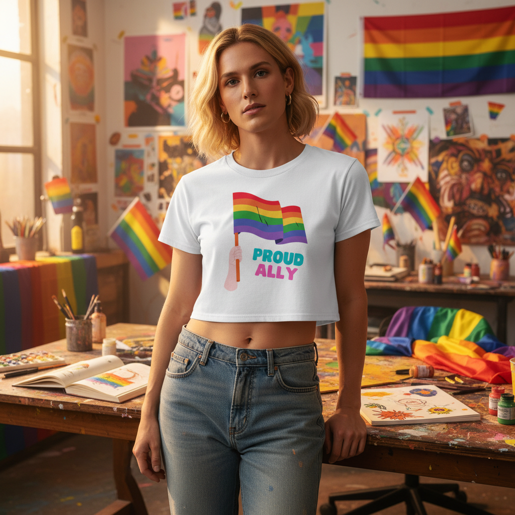 Proud Ally Crop Top with rainbow flag and "Proud Ally" text, worn in an art studio, celebrates LGBTQ+ visibility and queer pride.