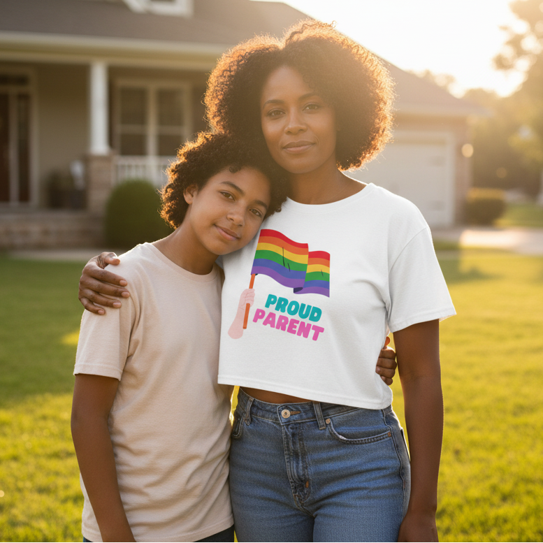 A parent proudly wears the “PROUD PARENT” Crop Top, featuring a rainbow pride flag, embracing their child in a sunlit yard, embodying queer confidence and vibrant self-expression.