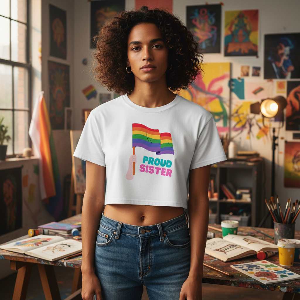 Proud Sister Crop Top with rainbow flag, modeled by a curly-haired woman in an art studio decked out in queer flags and supplies.