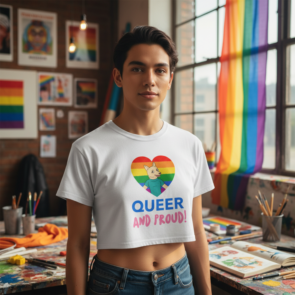 Queer And Proud Crop Top in a bright studio, relaxed fit with rainbow heart, unicorn graphic, “Queer and Proud!” slogan; rainbow flags.