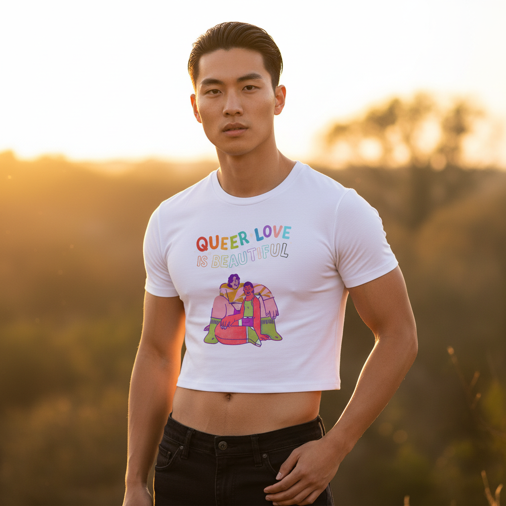 A young adult models the Queer Love Is Beautiful Crop Top, featuring rainbow lettering and an embracing illustration, embodying prideful self-expression in a relaxed, waist-flattering fit.