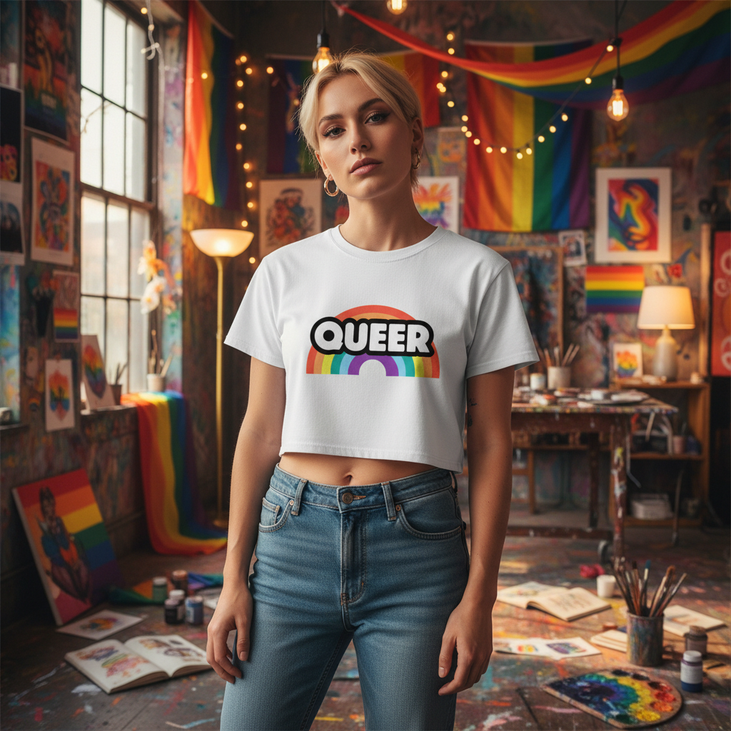 Queer Rainbow Crop Top in bold rainbow colors, paired with blue jeans; worn by a person in a Pride-flag-filled, artsy studio.