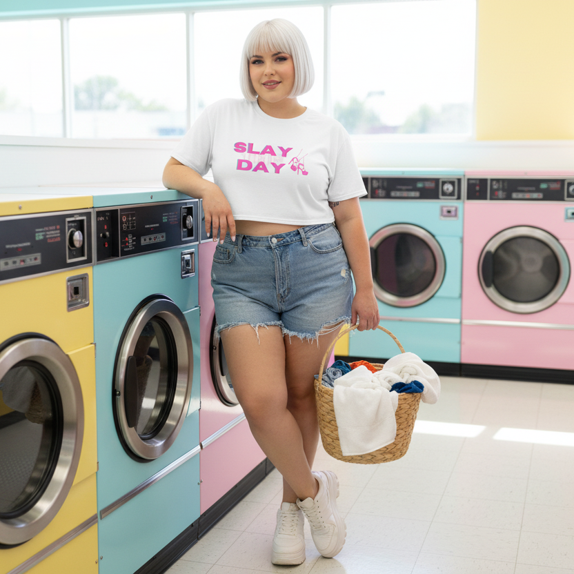 Young woman in a pastel laundromat confidently wears the Slay The Day Crop Top, celebrating queer expression with its relaxed fit and bold, empowering message. She embodies pride and self-expression.