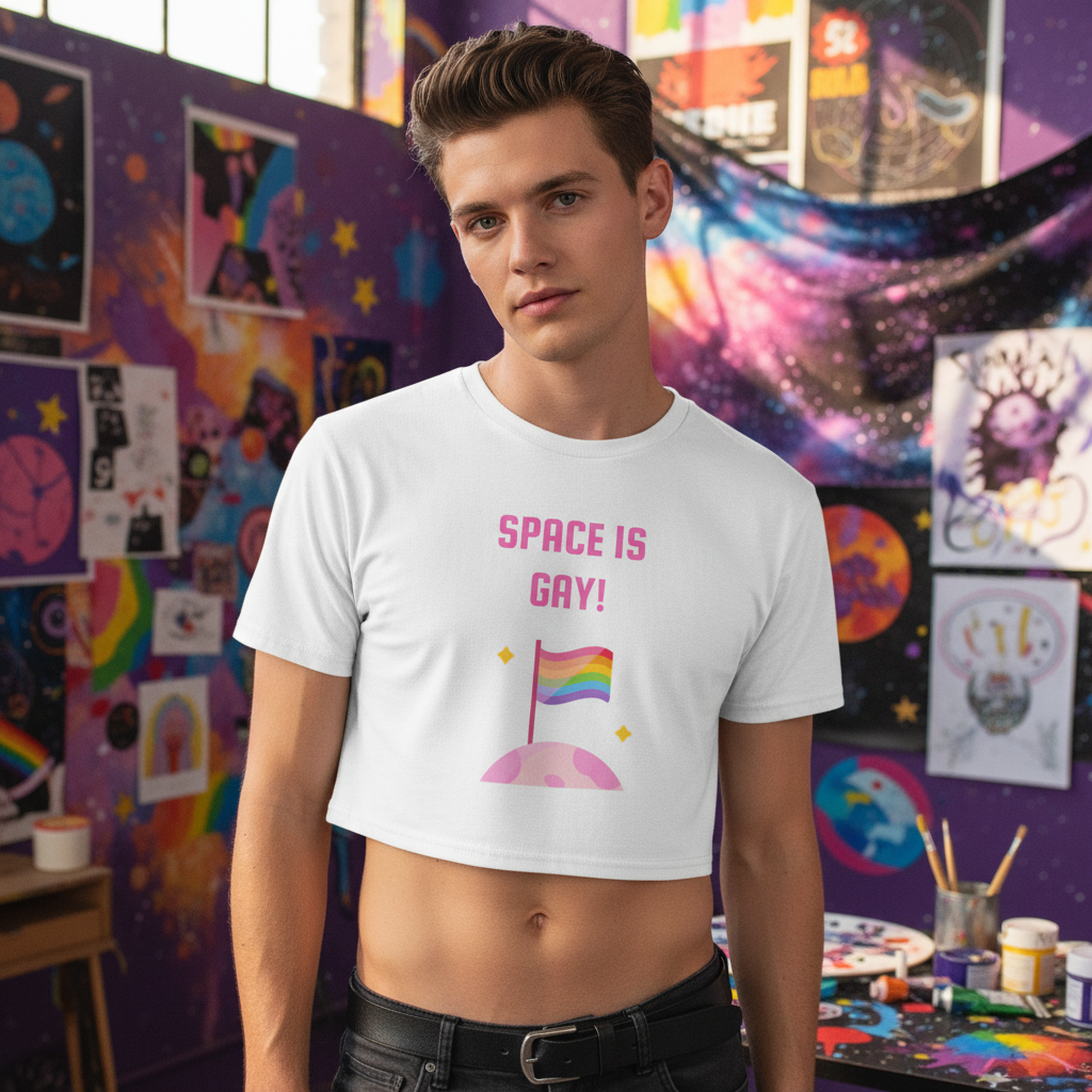 Space Is Gay Crop Top worn by a queer person in an art studio with cosmic and pride art, rainbow flag, pink planet, celebrating LGBTQ+ pride.