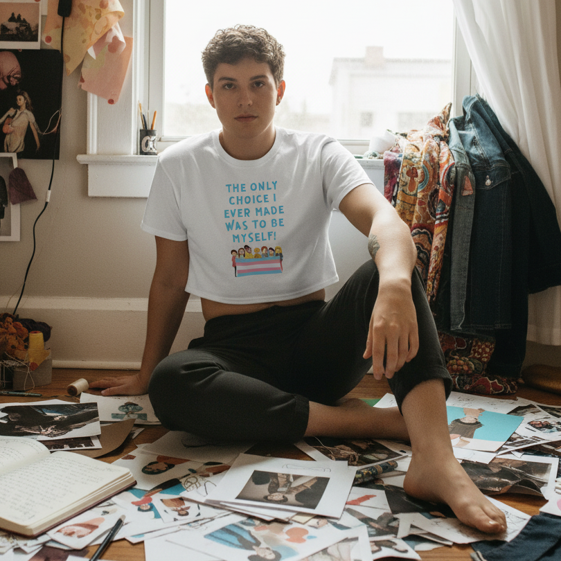 A person wearing The Only Choice I Ever Made Crop Top sits creatively surrounded by art materials, embodying vibrant self-expression and queer empowerment in a sunlit room.