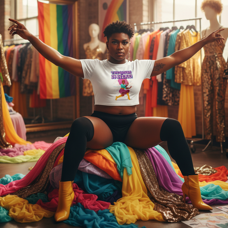 A person in a white THE QUEEN IS HERE crop top, embodying queer confidence, poses among vibrant fabrics, showcasing pride and self-expression at Queer In The World: The Shop.