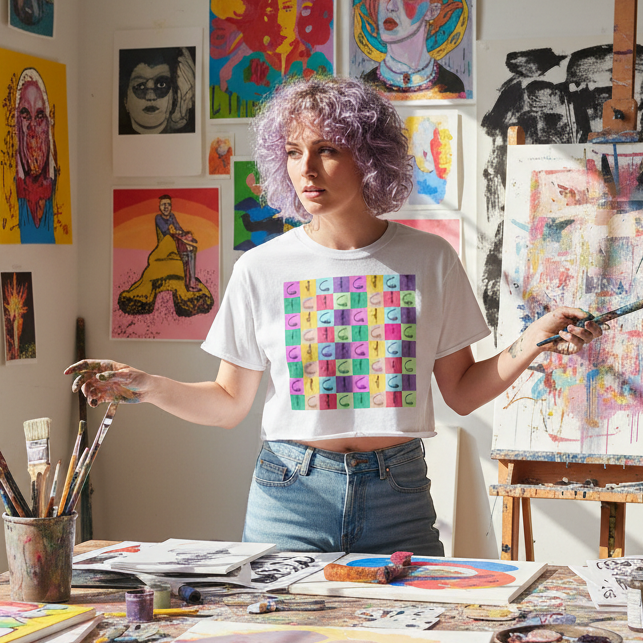 Young person in a vibrant workspace wearing the Vibrator Pop Art Crop Top, showcasing queer confidence with its colorful checkerboard pattern and relaxed fit, embodying self-expression and empowerment.