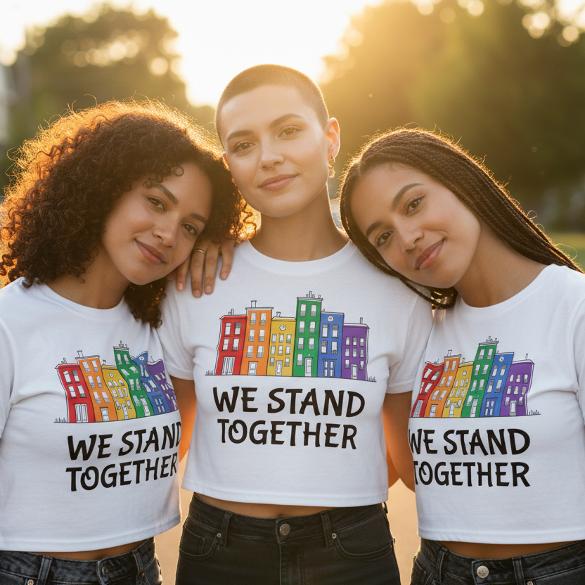 Three people in matching We Stand Together Crop Tops, featuring rainbow buildings and bold text, embody unity and pride. The tops' cropped, relaxed fit celebrates diverse bodies with joyful, queer energy.