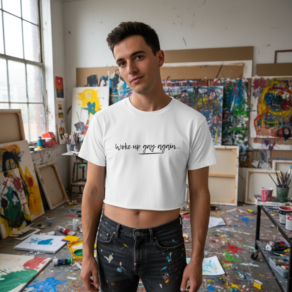 Woke Up Gay Again crop top on a young man with short dark hair, in a sunlit, messy studio full of queer art and supplies.