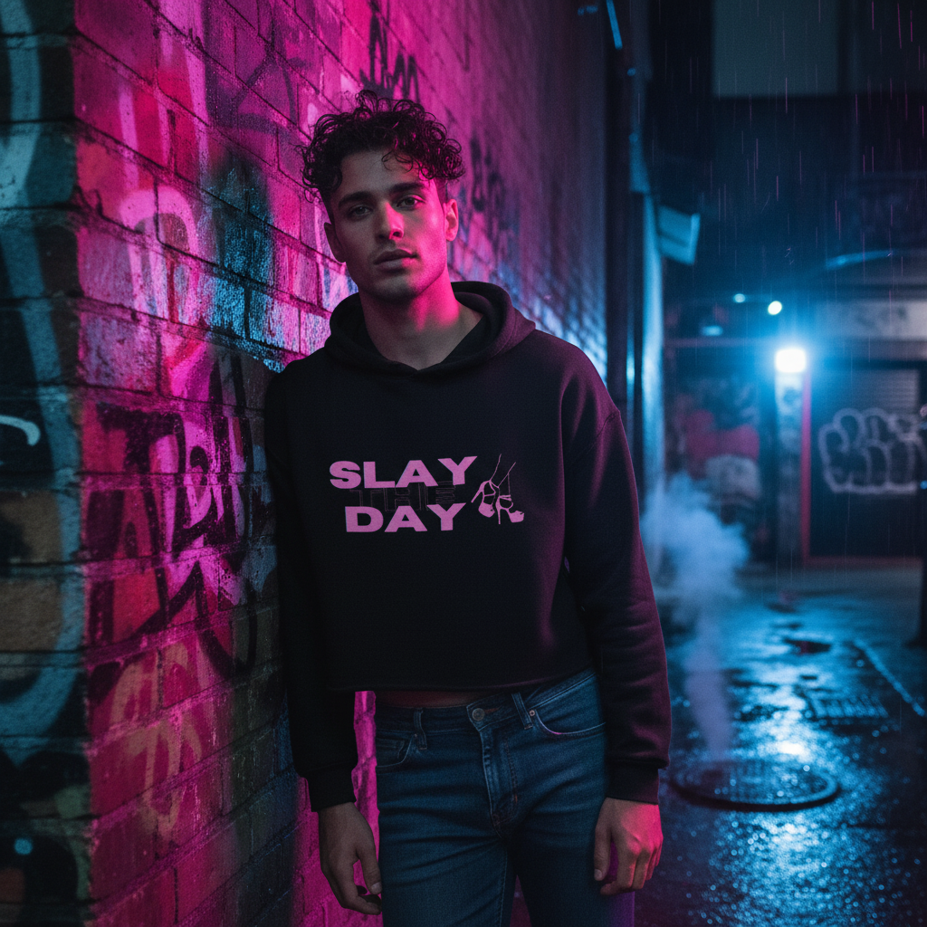 Slay The Day Crop Hoodie on a curly-haired young man, paired with blue jeans, in neon pink and blue alley light against graffiti.