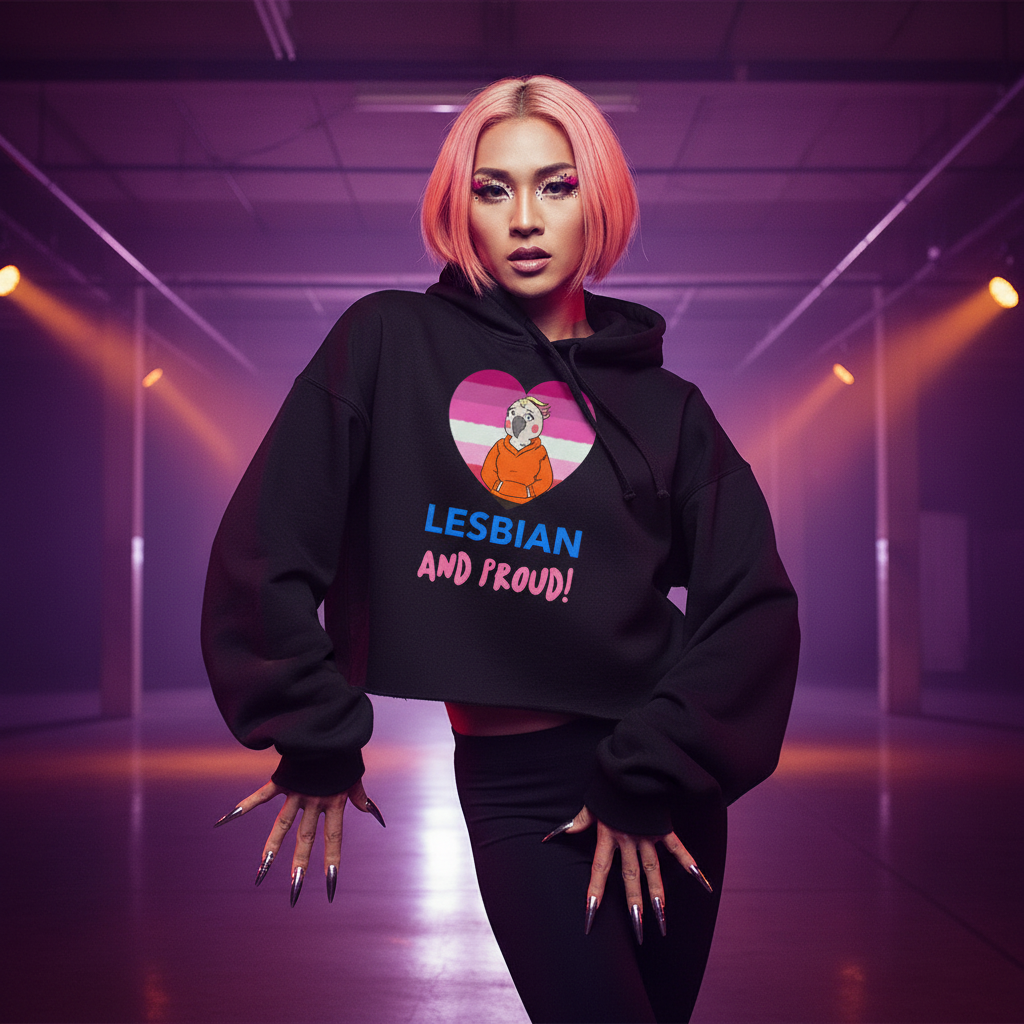 Lesbian And Proud crop hoodie with heart, cartoon woman, and “LESBIAN AND PROUD!” slogan; bold purple-orange pride lighting.