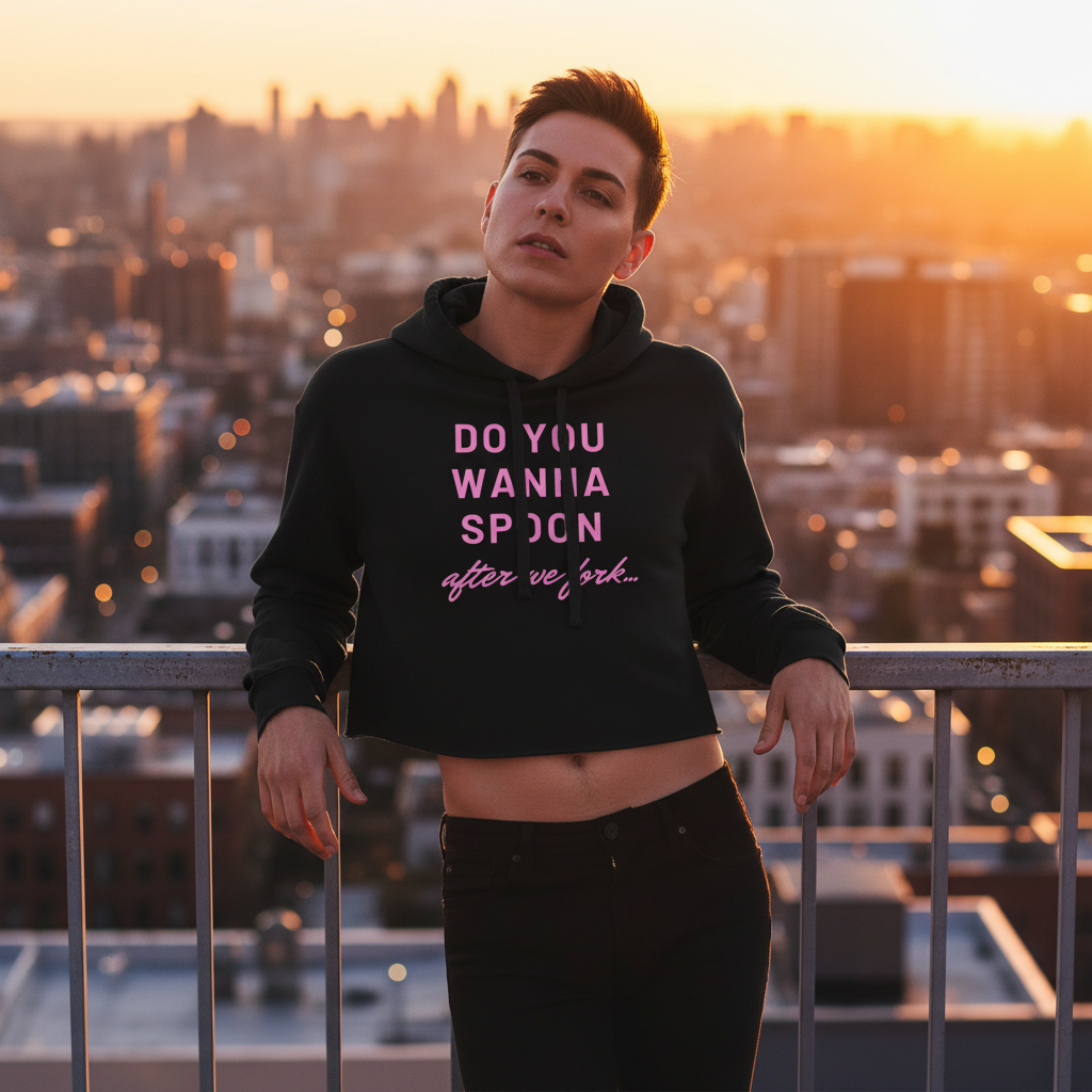 Black crop hoodie with bold pink "Do You Wanna Spoon After We Fork" slogan, worn at sunset; golden city skyline, queer vibe.
