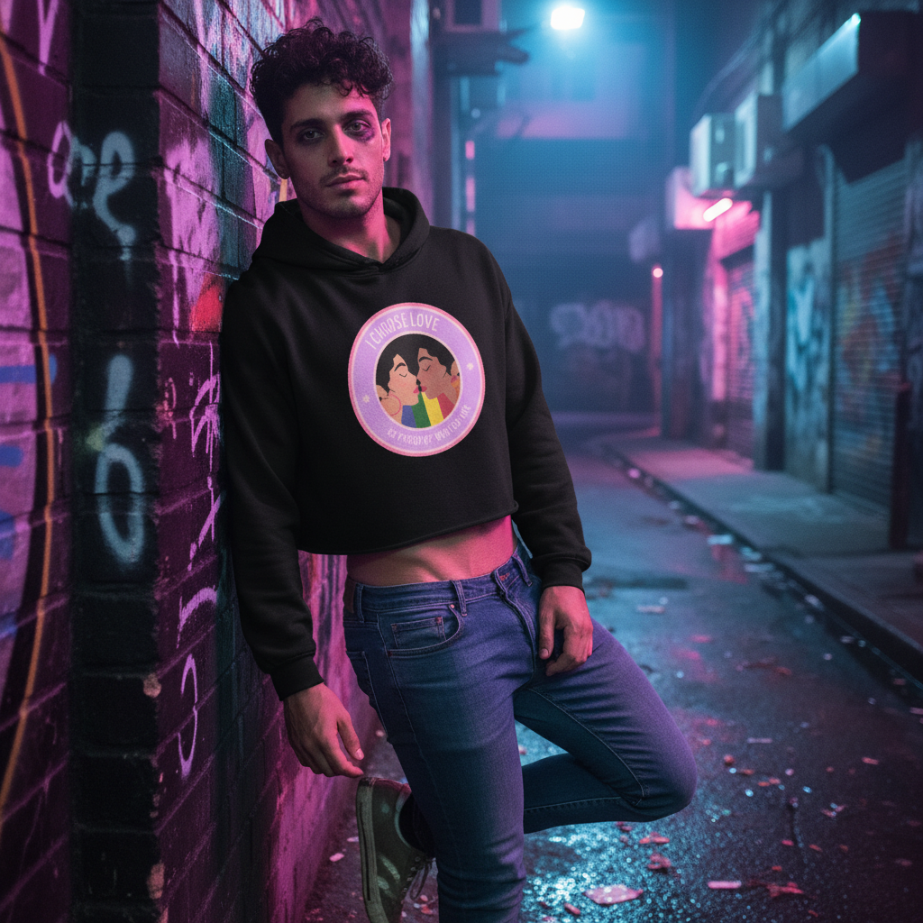 Be Proud Of Who You Are Crop Hoodie styled by a curly-haired guy in fitted jeans, vibing queer pride in a neon-lit graffiti alley.