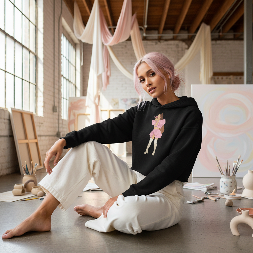 Ariana Grande Crop Hoodie, black with a pink cartoon figure, worn by a femme with pastel pink hair, white pants, in an artsy studio.