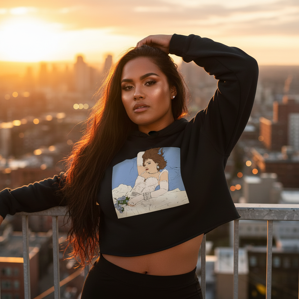Madonna Like A Virgin Crop Hoodie with bold illustrated print, worn on a rooftop at sunset; queer statement style against city lights.