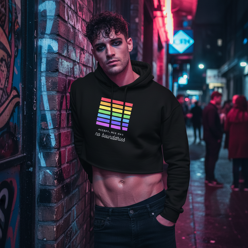 Acceptance Has No Boundaries Crop Hoodie in black, rainbow stripes; bold queer statement piece worn by a man on neon-lit graffiti street.