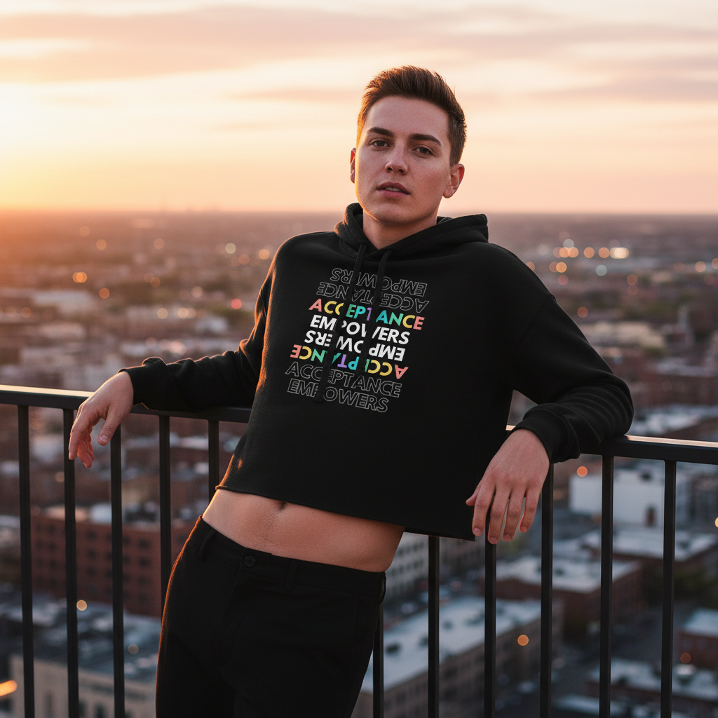 Crop hoodie with mirrored “Acceptance Empowers” text shines in sunset; queer youth in black pants lounges by a city skyline.