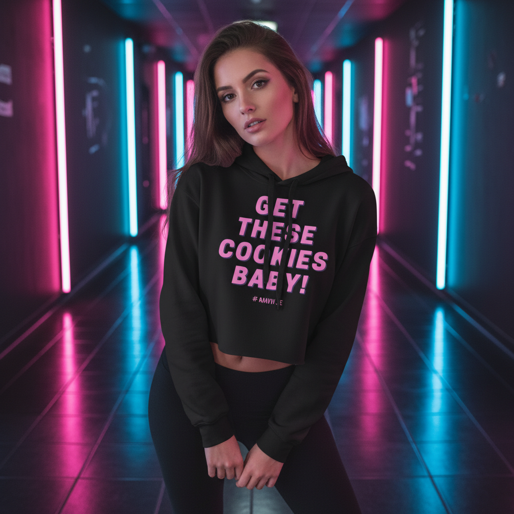 Get These Cookies Crop Hoodie with bold pink "GET THESE COOKIES BABY!" text, worn by a proud woman in a neon-lit hallway.