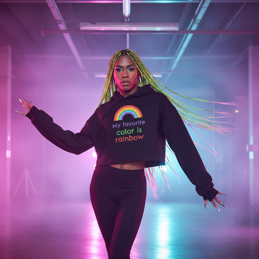 My Favourite Color Is Rainbow" crop hoodie with bold rainbow graphic, black leggings, neon yellow-green braids; queer pride energy.